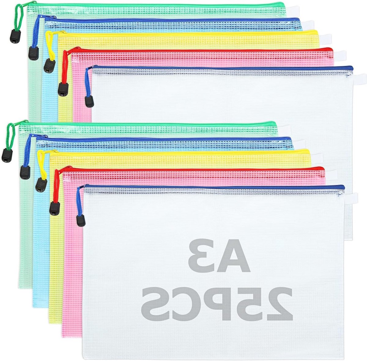 Pack van 25 A3 documentcompartimenten met rits, waterdicht en in 5 kleuren, ideaal voor papieren en kantoorbenodigdheden (44 x 31,5 cm)