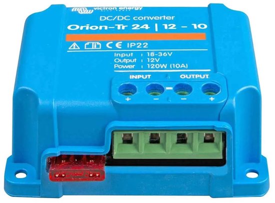 Blauwe Victron Orion-Tr DC/DC-omvormer met tekst: 'Input 18-36V, Output 12V, Power 120W (10A)'. Rode zekeringhouder aan de linkerzijde.