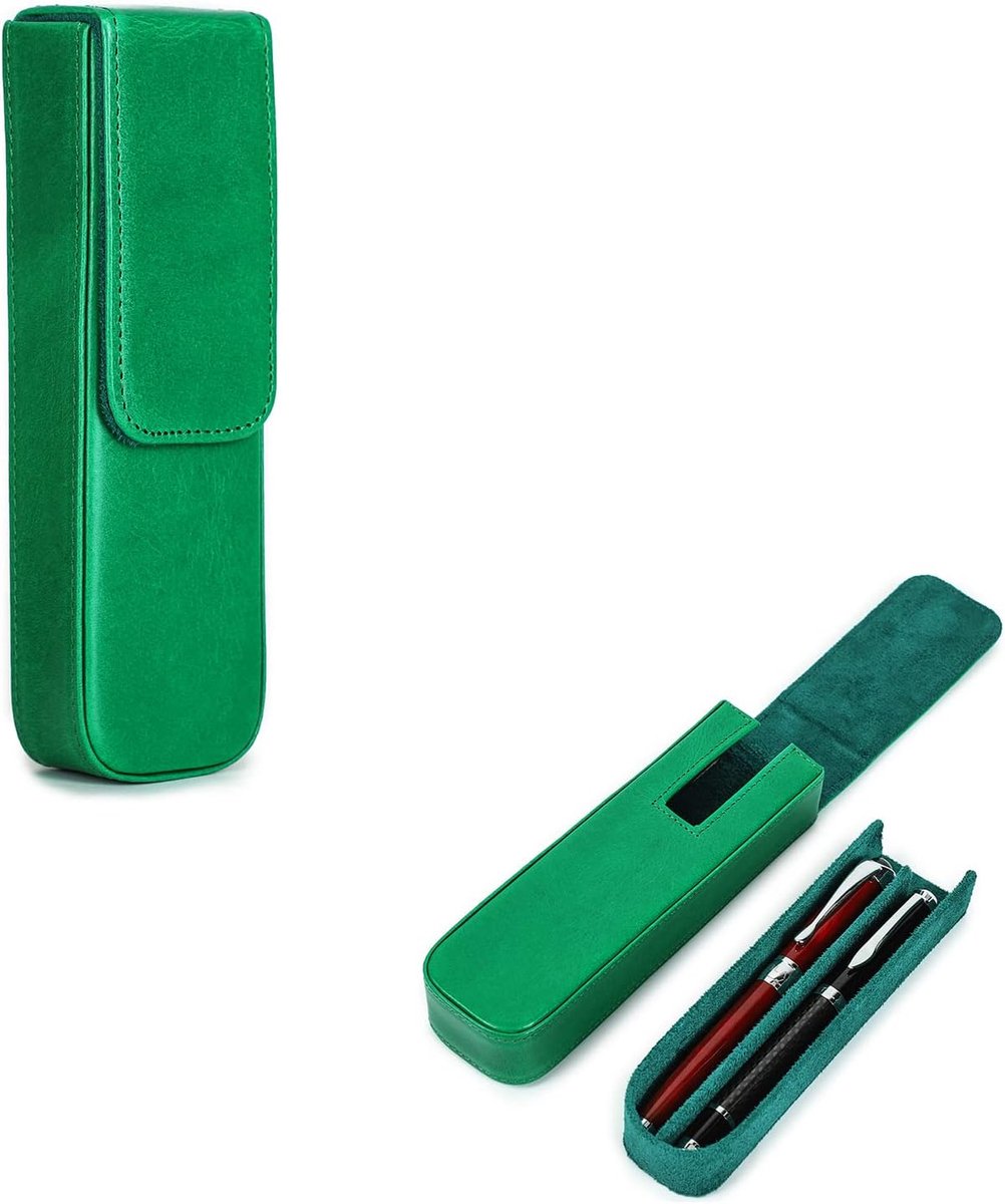 SnelShoppen - Luxe Pen Cover voor 2 Pennen van Groene Plantaardige Leer met Verborgen Magnetische Sluiting, Modern Design voor Schrijven en Cadeaus