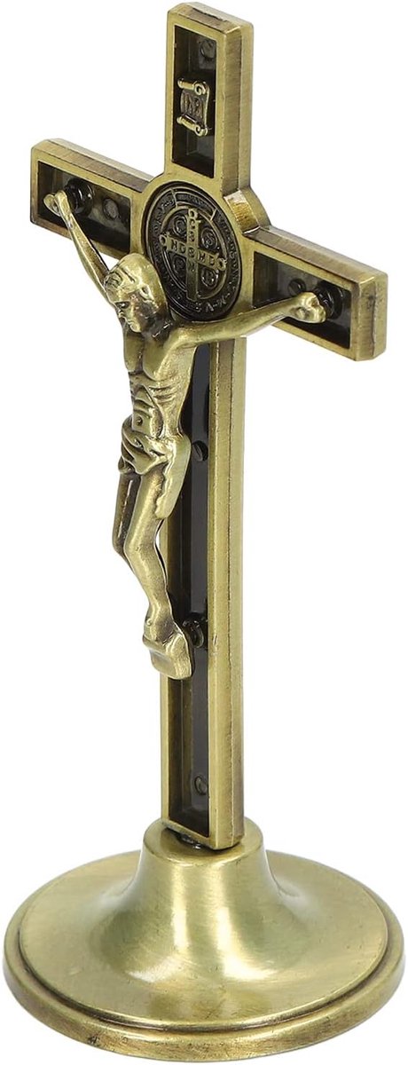 SnelShoppen - Katholieke Kruis, Staan Crucifix Wandkruis met Verwijderbare Basis voor Dressoirs - Handgemaakt van Zinklegering, Koperkleurig, Perfect
