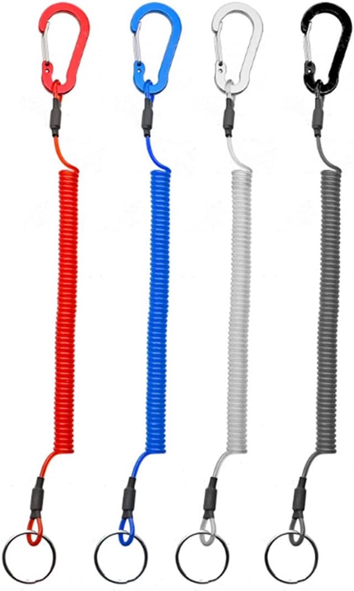 SnelShoppen - 4 Stuks Plastic Spiraal Sleutelhangers, Retractable Anti Verlies Vislijn met Karabijnhaak, Ideaal voor Vissen, Surfen, Wandelen, Bergbek