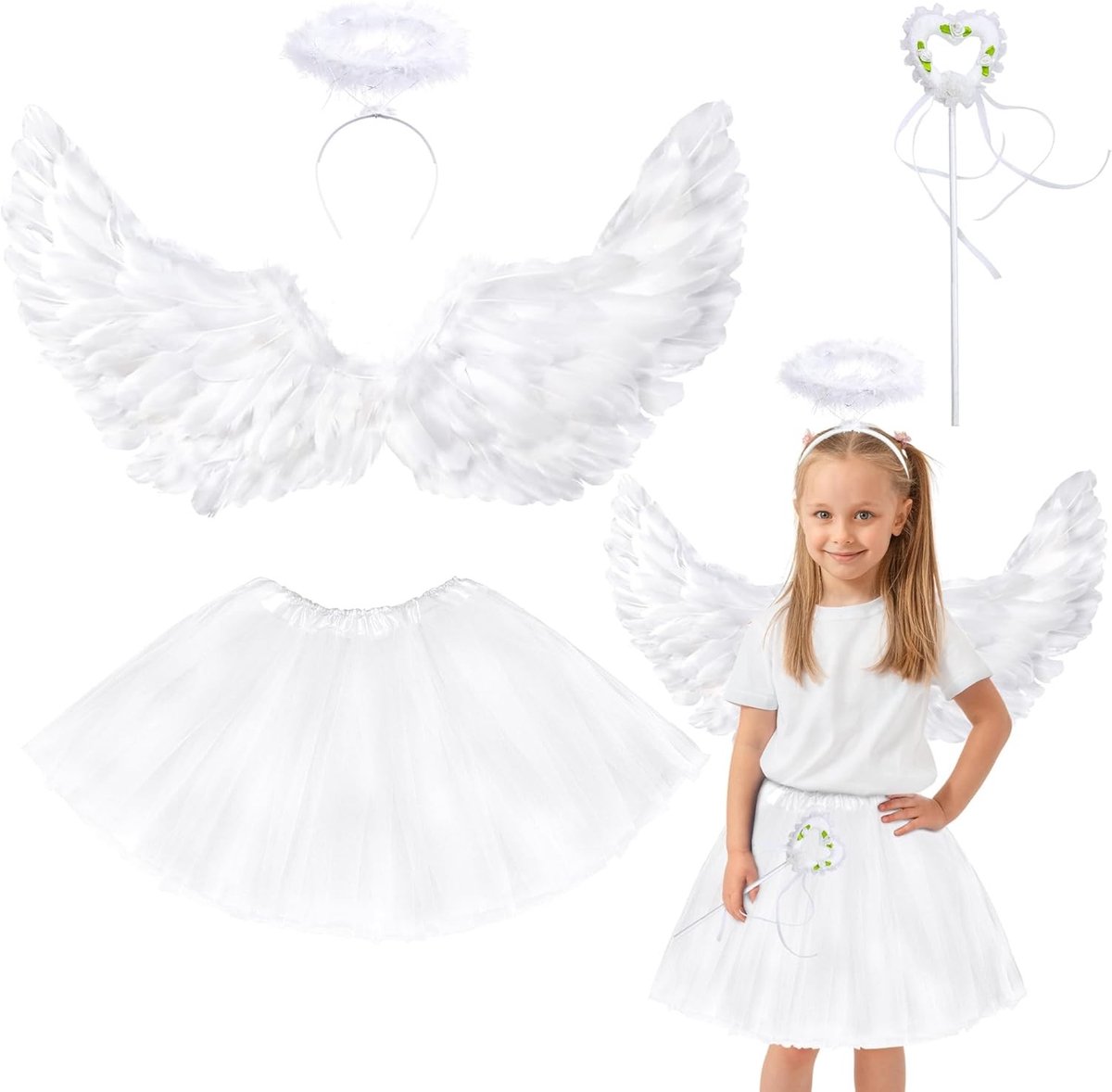 Engelachtige vleugels en halo kostuumaccessoires met tule tutu rok voor vrouwen en meisjes voor Halloween, kerst en carnaval themafeesten