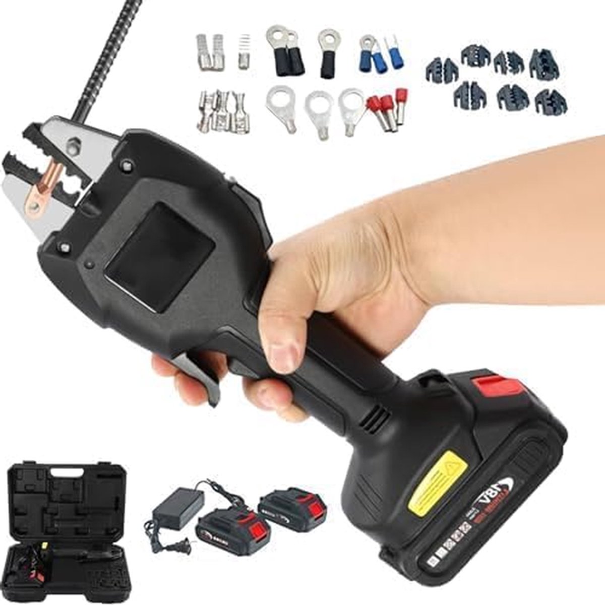 Elektrische Krimptang - Accu Krimper - Kabelverbindingen Maken - 7 Verwisselbare Matrijzen - 0.5-50 mm² - Zwart Groen
