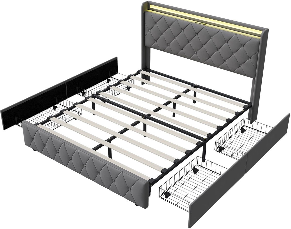 Gestoffeerd Tweepersoonsbed - 160 x 200 Cm - Oplaadpoort en 4 - Modern Design met LED