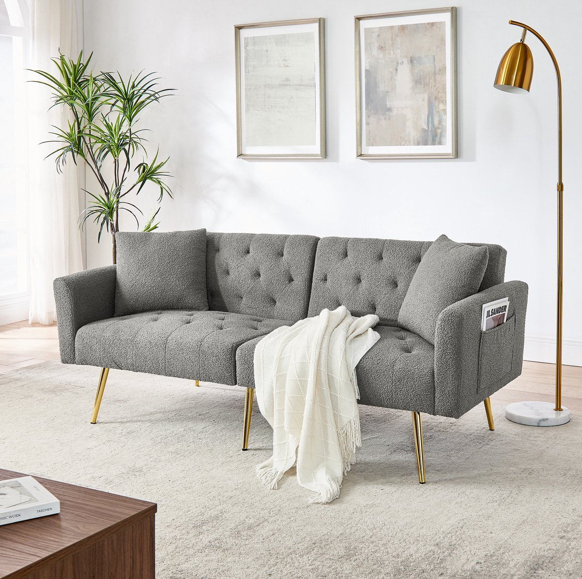 MODENUIT Slaapbank 177 x 78 x 74 cm - 3-Voudig Verstelbare Rugleuning - Voor Woonkamer - Teddy Grijs
