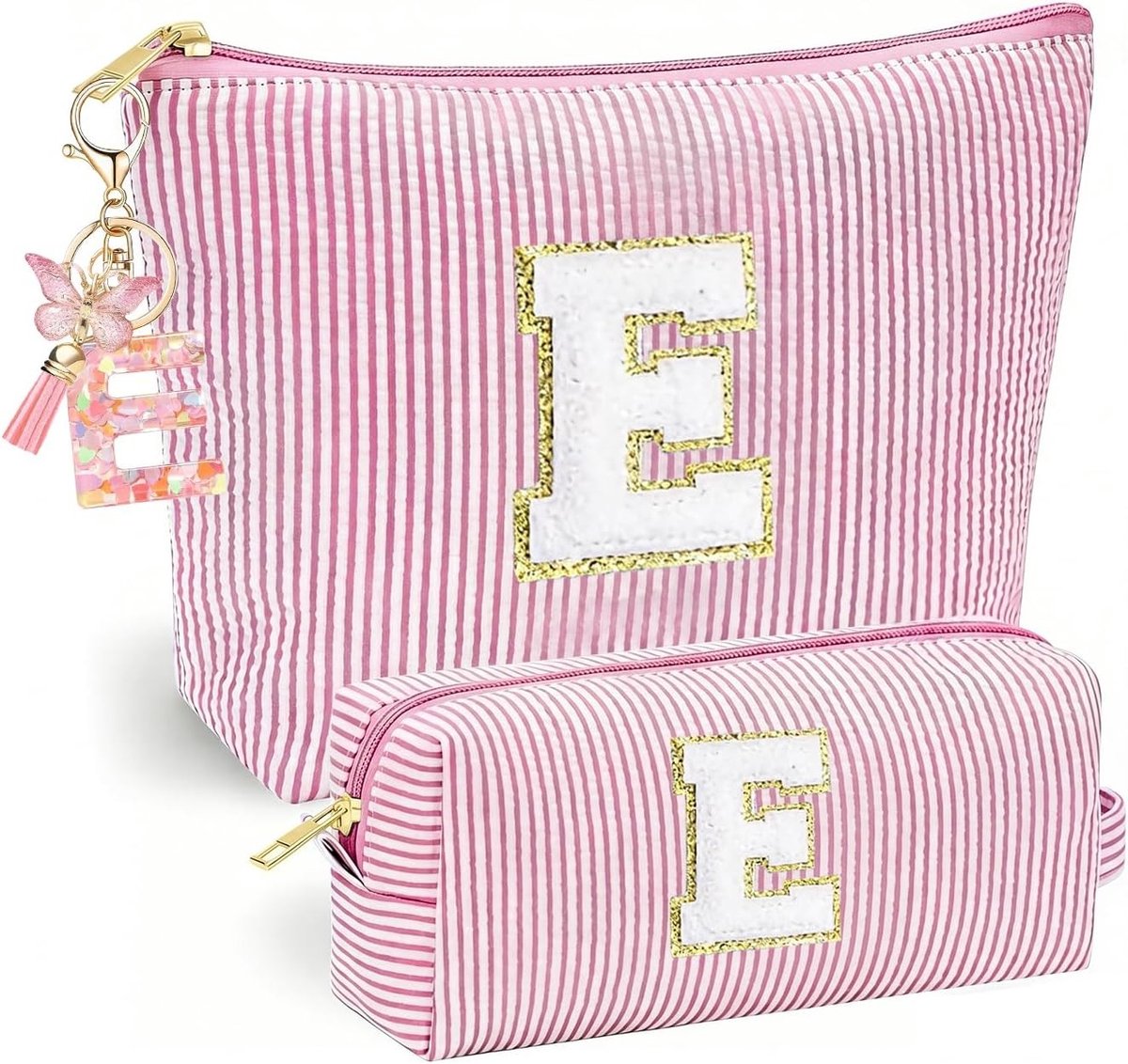 Gepersonaliseerde Roze Make-up Tas met Vlinder Kwastje en Sleutelhanger voor Meisjes - Unieke Cosmetica Organizer met Initiaal en Cadeau-optie