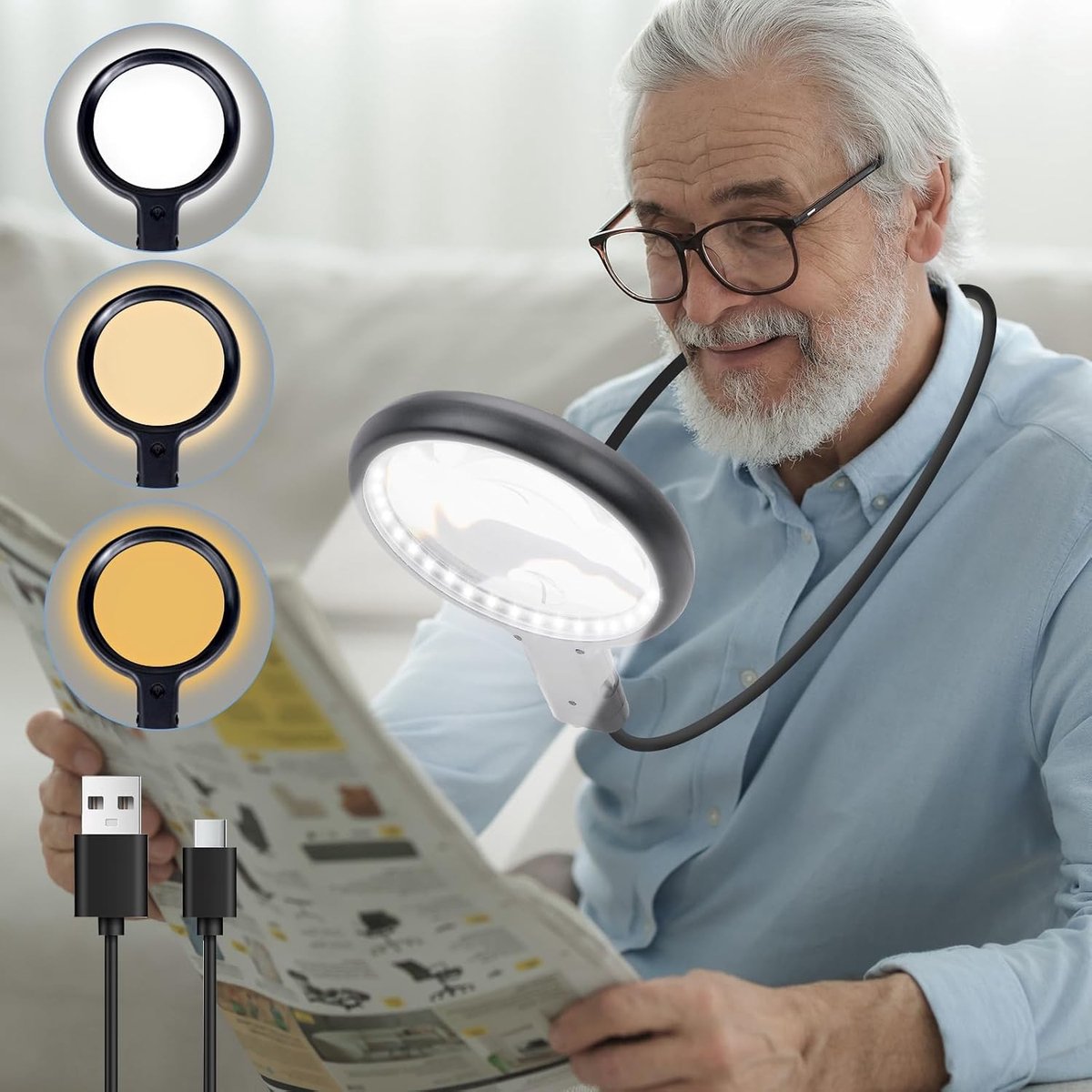 Handsfree Vergrootglas met 5x en 15x Versterking, Verlichting en Oplaadbare Lensen voor Lezen, Borduren en Reparaties