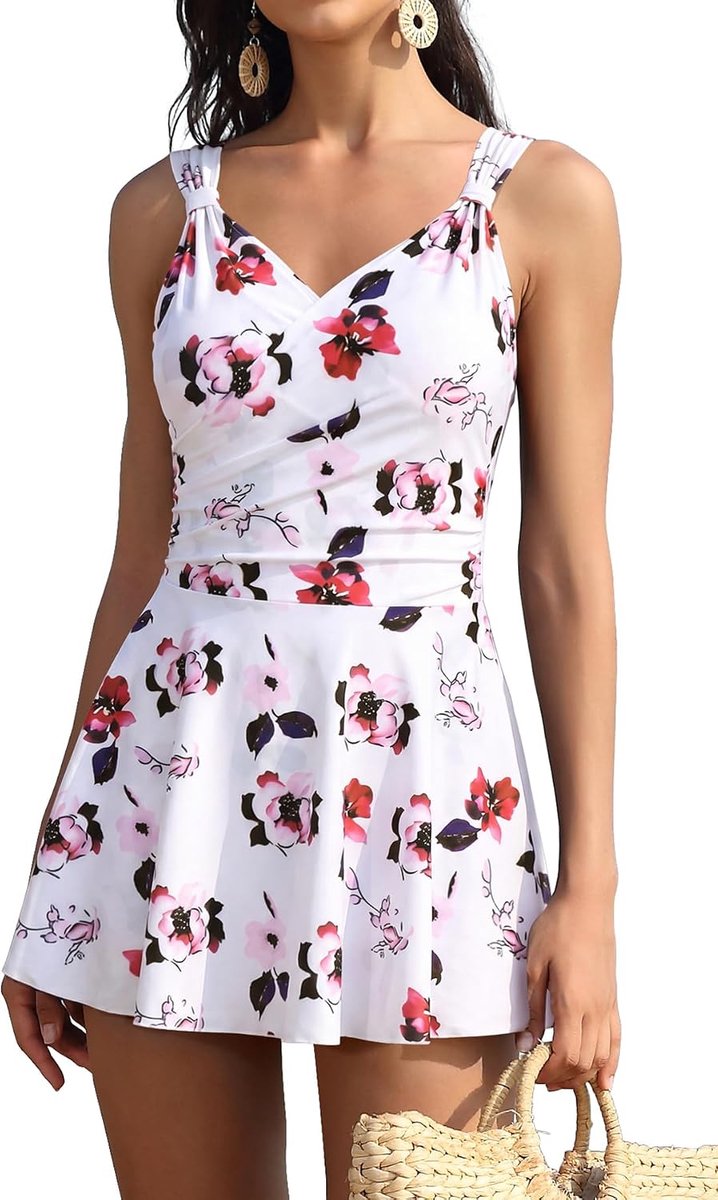 Elegant eendelig zwempak voor dames, V-hals, crossover zwemjurk met binnenslip, buikweg, plooien, badpak, dubbele schouderbanden, zwemrok, grote maten, tankini
