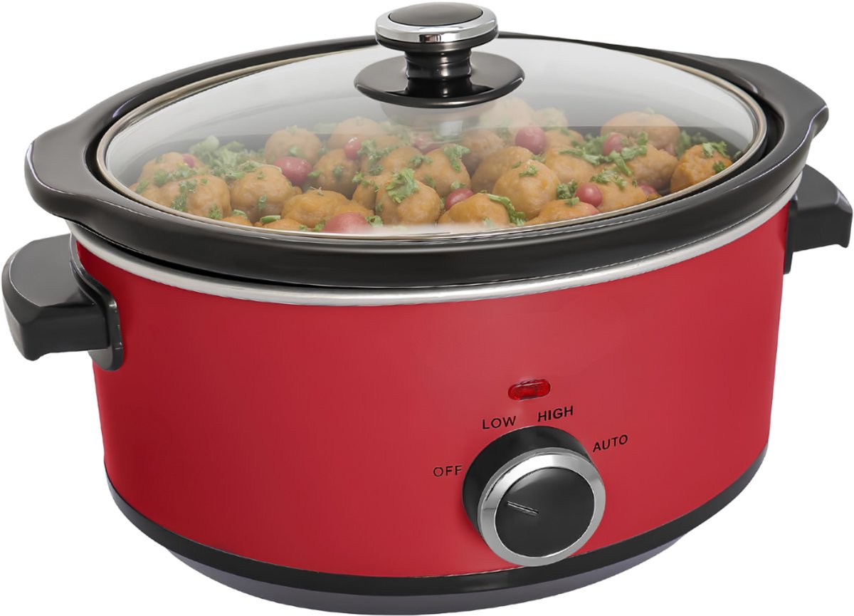 JCP® Slowcooker - Crockpot - Keramische Binnenpan - Rood - 24cm x 31cm x 18cm