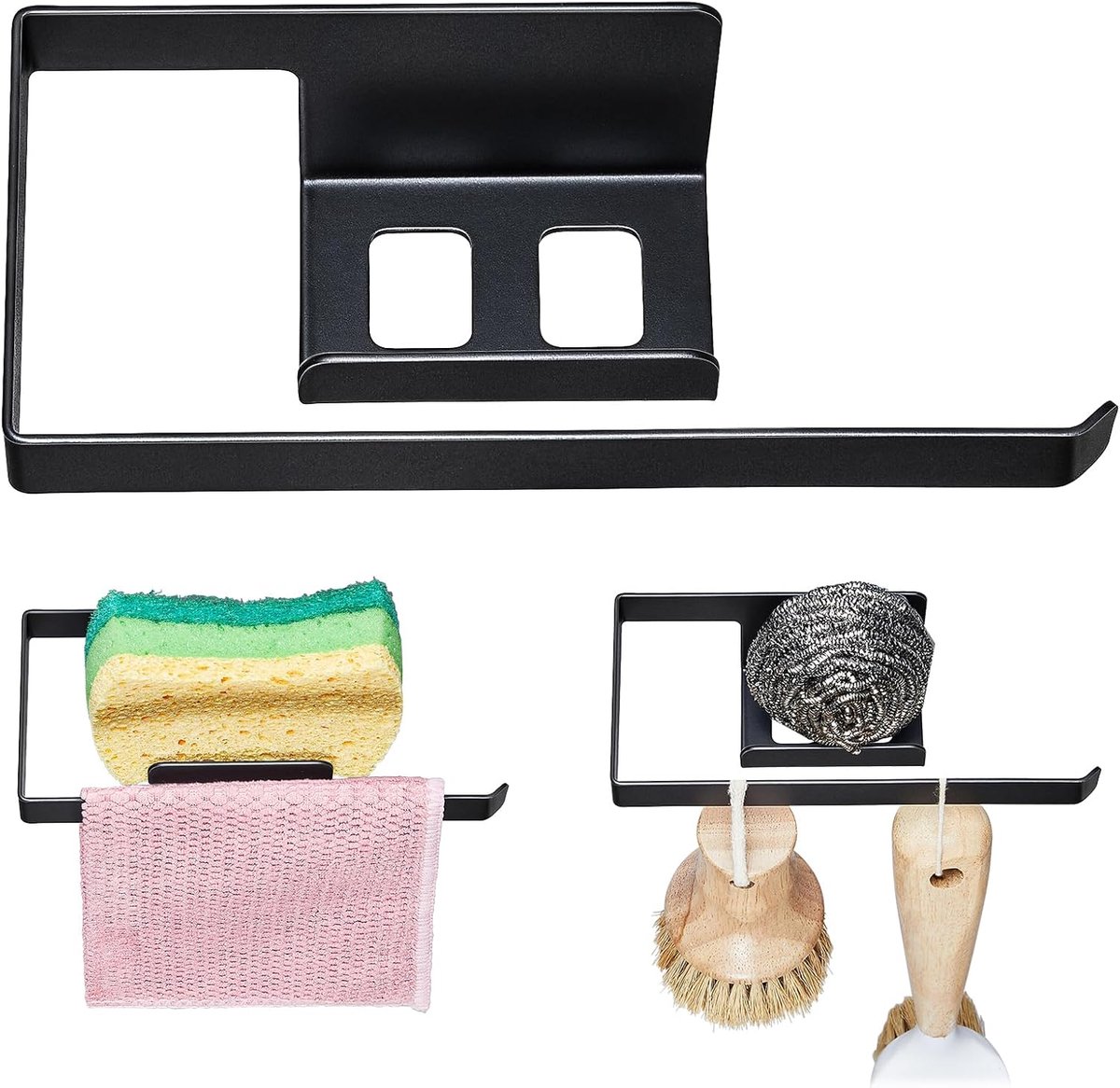 SnelShoppen - Zelfklevende Spons Houder voor de Keuken, Organisator voor Afwasdoeken, Keukenaccessoires, Roestvrij Staal, Zwart, Duurzaam en Hygiënisc