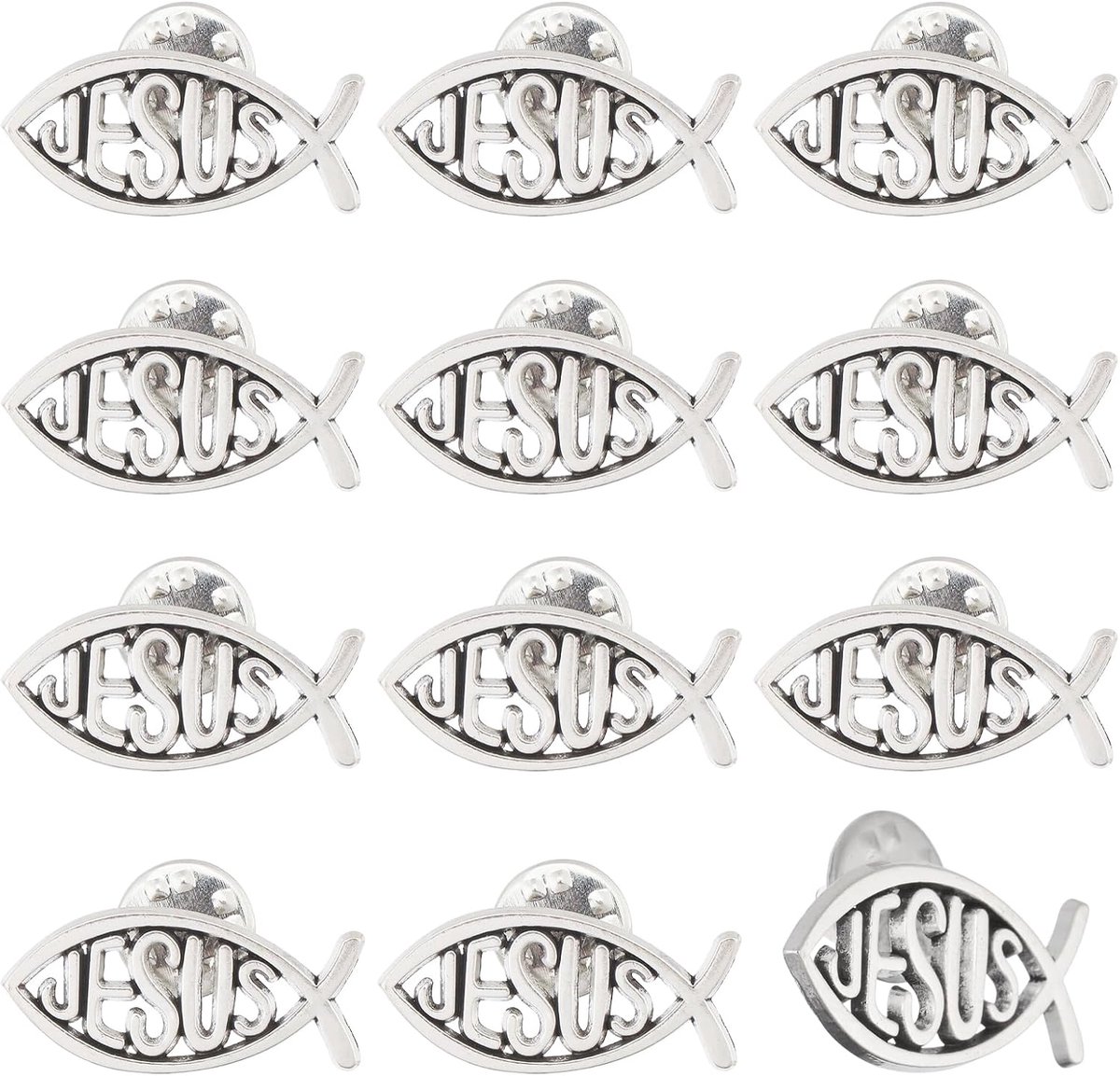 12 stuks Jezus visbroche legering pinnen set pin mantel shirt pak kraag accessoires broche pin voor unisex, antiek zilver, 29,5 × 14 mm
