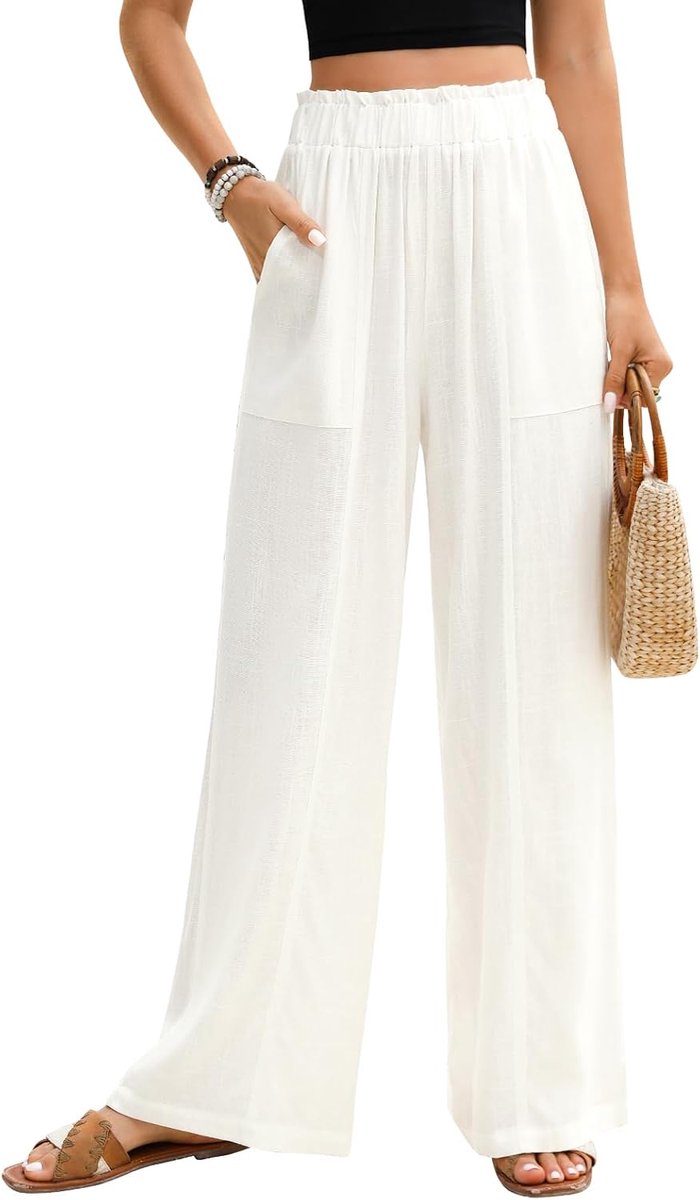 broek voor dames, zomerbroek, licht, brede pijpen, elastische taille, rekbaar, elegante zomerbroek, losse pasvorm, luchtige strandbroek, vrijetijdsbroek met zakken