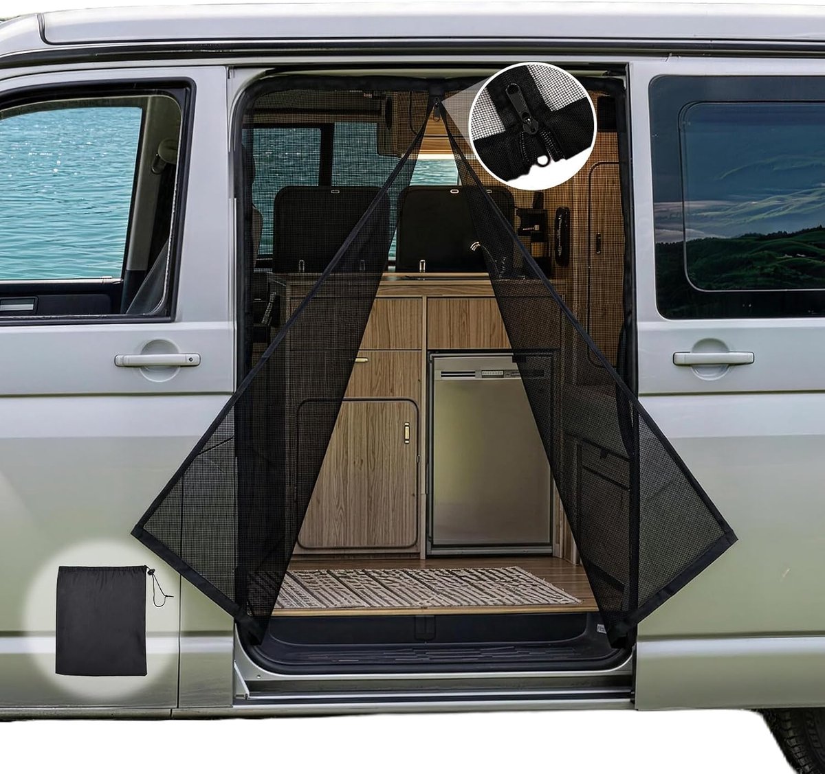 SnelShoppen - Magnetisch Hor voor VW T5 T6 Schuifdeur, Vliegenraam, Insectenbescherming, Maatwerk, Effectief, Camping, Buiten, Zwart