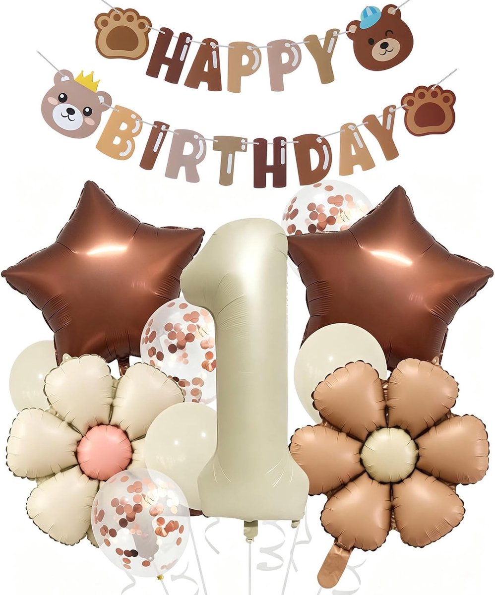 12-delige verjaardagsdecoratieset voor 1 jaar, vintage stijl, melkwit, ballon met bloem, aluminium, ballon cijfer 1, bruine sterren, latexballonnen en banner beer voor feestjes en feesten