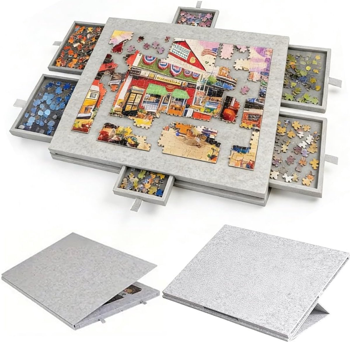 Puzzeltafel 1000 stukjes - wit viltmateriaal - 2-in-1 standaard en afdekking - lichtgewicht en draagbaar - ShopVlot