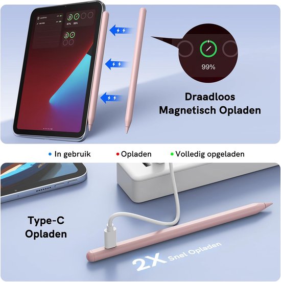 Stylus Pen voor iPad met Draadloos Opladen, iPad Pencil - Compatibel met iPad Air 5/4, iPad Mini 6, iPad Pro 11" 4/3/2/1, iPad Pro 12,9" 6/5/4/3 (Roze) — afbeelding 2