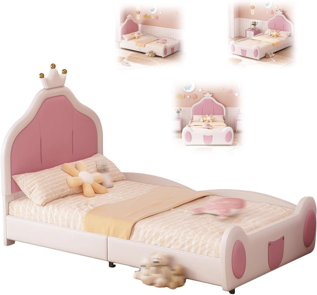 Meisjesbed Prinsessenbed - Kinderbed Meisjes - Slaapkamer Inrichten - Kroonvormig Hoofdeinde - 90 X 200 cm - Roze Wit