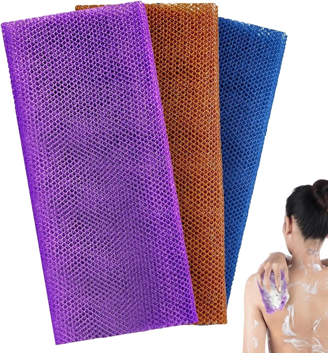 3 stuks Afrikaanse netspons, 80 × 30 cm, peelingspons, polyester materiaal, douchenet, herbruikbare rugrubber, voor thuis, camping, reizen