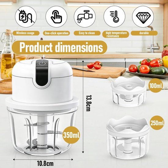 Mini-uienhakmolen, 100 + 200 + 350 ml, multifunctionele hakmolen, keukenmachine, draadloos, kleine uienhakmolen, elektrische hakmolen voor vlees, uien, groenten en fruit van MINI — afbeelding 2