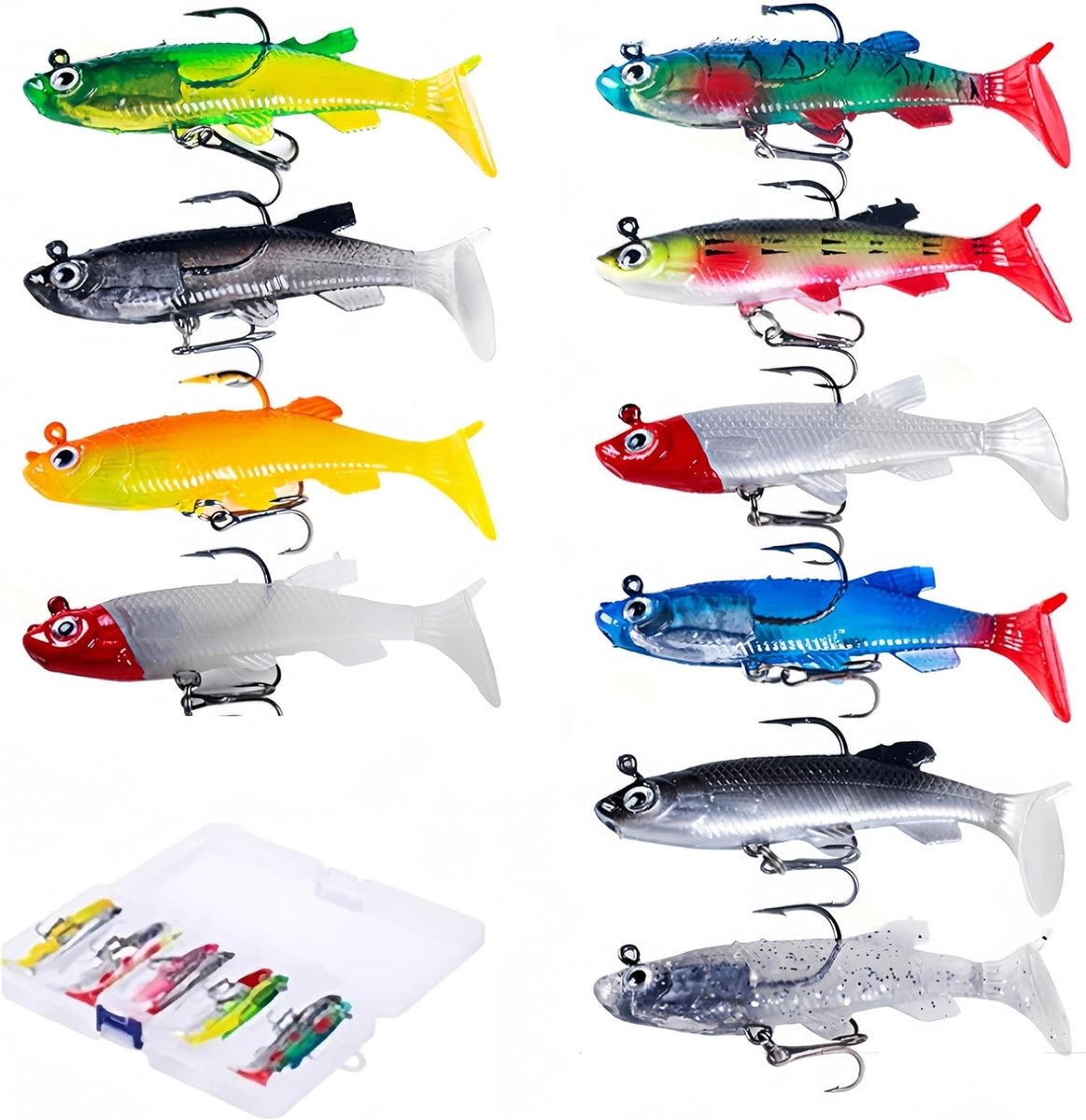 Set van 10 kunstmatige kunstaas, spinhengels, zachte visaas voor baars, forel en roofvissen in zoet en zout water (inclusief 1 plastic opbergdoos)