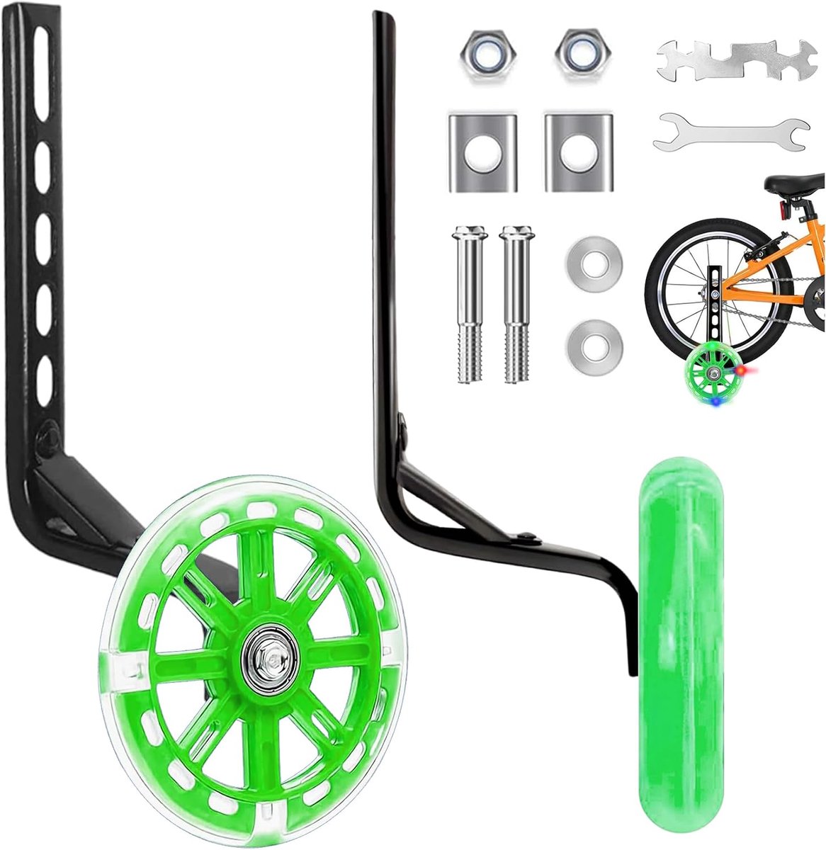 F1 Paar Steunwielen, universele fietssteunwielen instelbare steunwielen kinderfiets volwassenen, hulpwielen voor 12 14 16 18 20 inch singlespeed fiets (Groen)