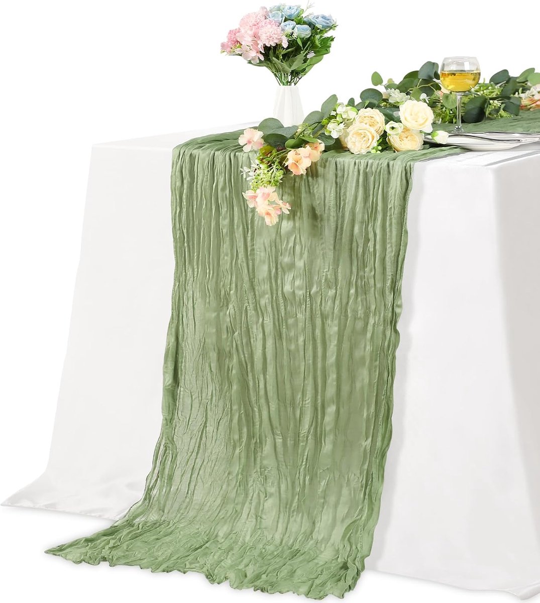 1Pack Groene Tafelrunner, 90x300cm 100% Polyester Wasbare Tafelrunners voor Bruiloften, Babyshowers, Diner, Feesten, Boho Landhuis Rustieke Tafel- en Stoeldecoraties