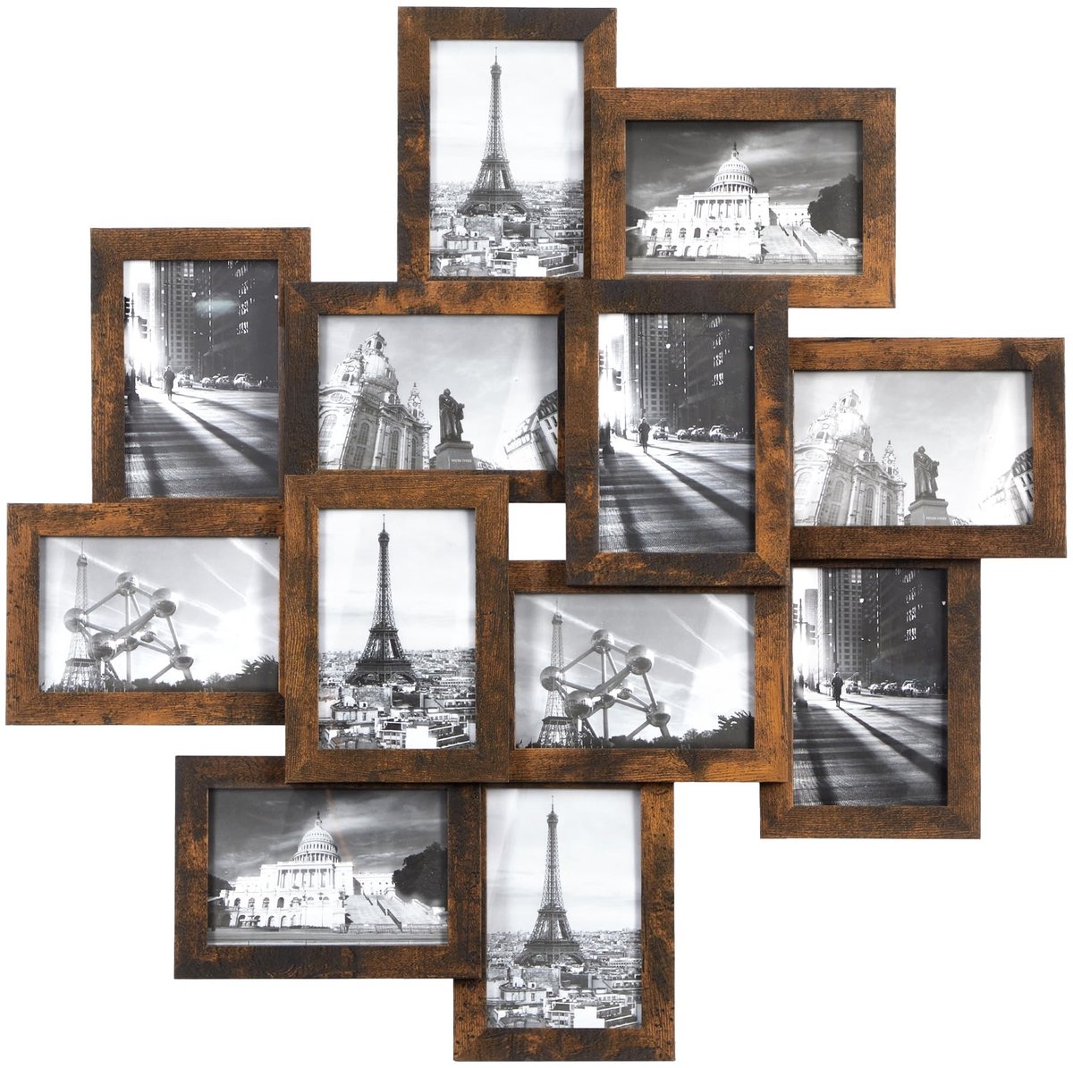Omgoods- Fotolijstcollage voor 12 foto's - Fotolijstset - Wandmontage - MDF - Glas - Rustiek bruin - 63,3 x 3,6 x 63,3 cm - Fotolijst