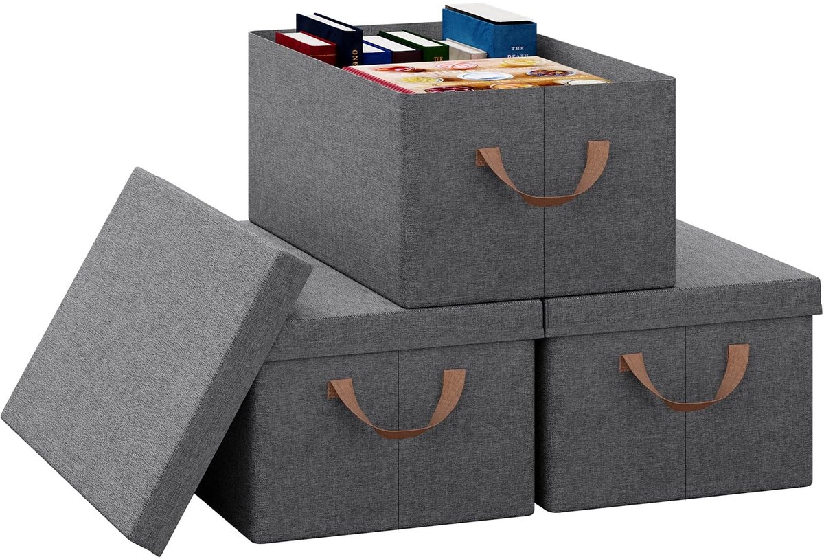 Omgoods - Set van 3 Opbergdozen met Deksel voor Kleding en Speelgoed in Grijs