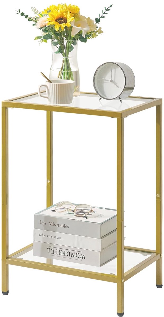 Omgoods - Gouden Bijzettafel met Tempered Glass en 2 Niveaus