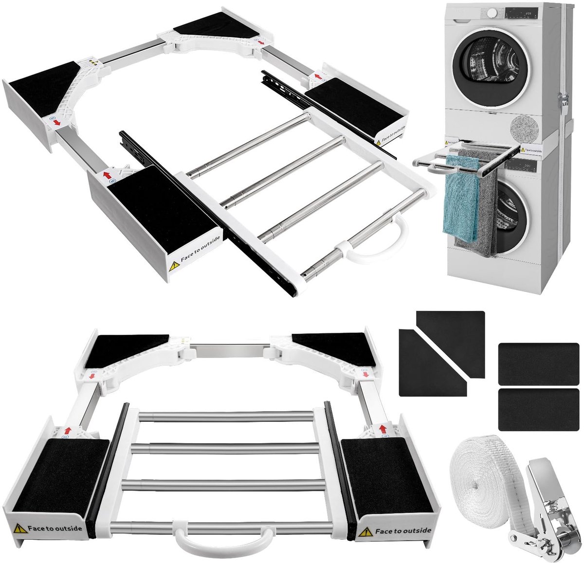 Omgoods- Overlappingsset Universeel - Uittrekbare Handdoekhouder - Verstelbaar Tussenframe - Ratelriemen - Geschikt voor Wasmachine/Droger - Afmetingen 46-72 cm - Wasmachine Droger Standaard