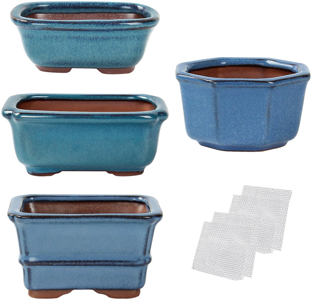 Omgoods - Set van 4 Mini Glazuur Potten voor Bonsai en Succulenten in Blauw
