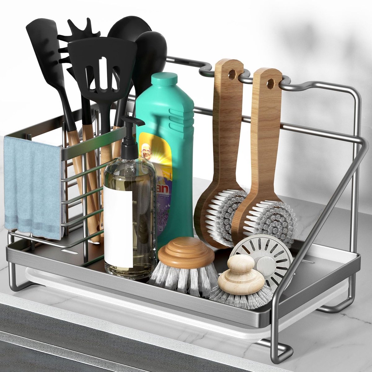 Omgoods - Aanrecht Organizer met Zijmand - Afvoer Tray voor Spons en Zeep