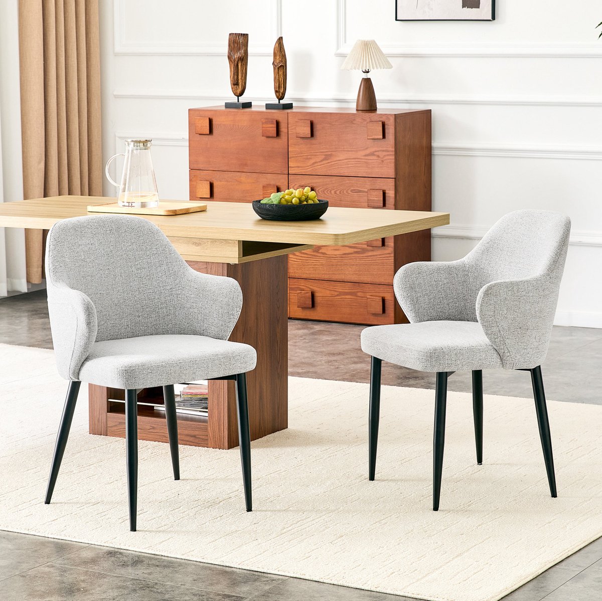 DESMIU Eetkamerstoel 83 Cm - Set Van 2 Met Armleuningen En Omsluitende Rugleuning - Voor Eetkamer En Werkplek - Stof En Metaal - Lichtgrijs Zwart