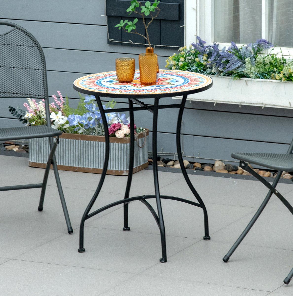 DESMIU Bistrotafel - Ronde Mosaiek Tuintafel Met Keramisch Blad - Voor Balkon Tuin En Buitenruimte - Metaal En Keramiek - 60 x 71 Cm - Rood Blauw Wit