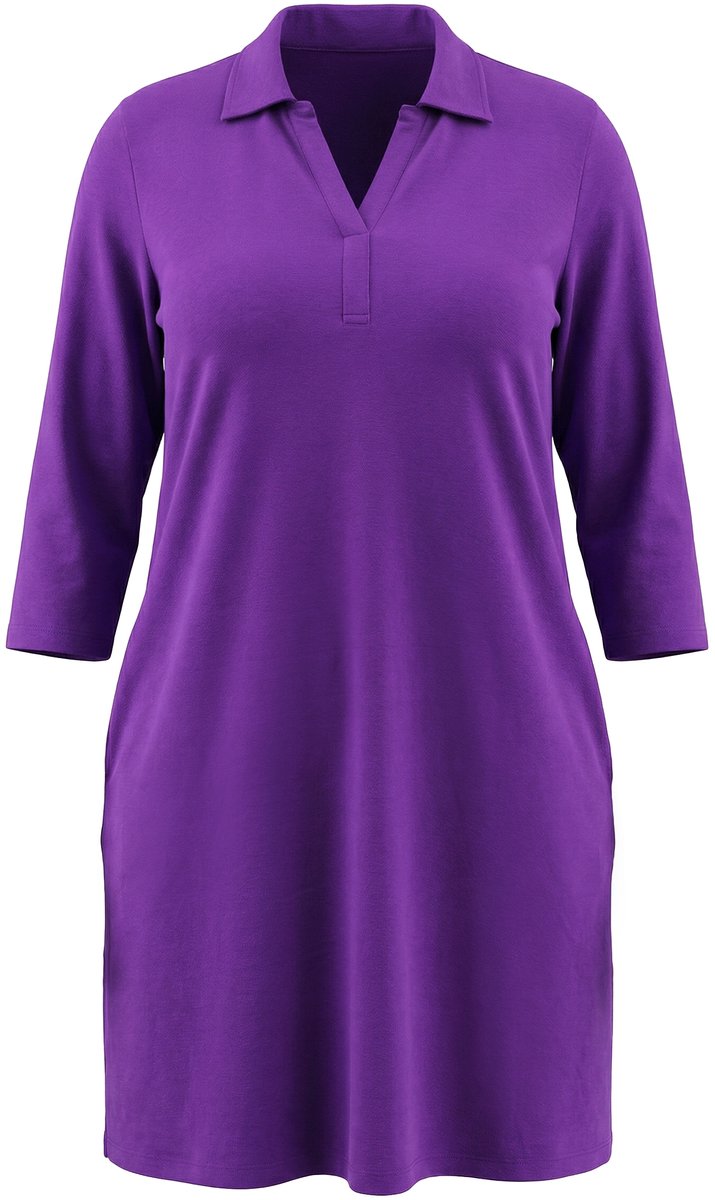 Ulla Popken Dames - Jersey jurk A-lijn overhemdkraag 3/4-mouwen zakken - Purper - Maat 46+