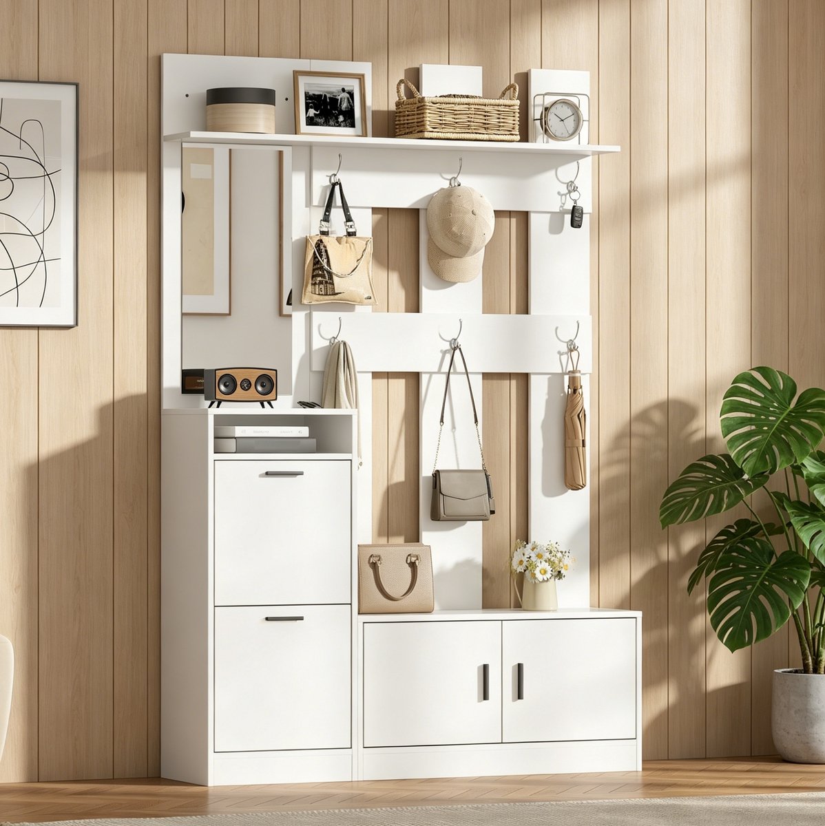 COVREO Schoenenkast 120x30x180 cm wit, MDF met spiegel en 6 haken