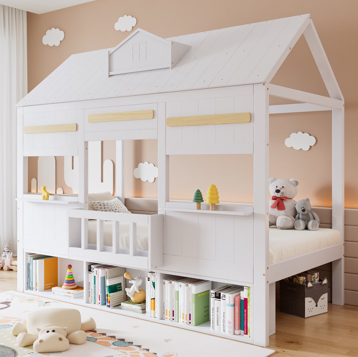 COVREO Hoogslaper 90x200 cm wit, hout en MDF met boekenrek