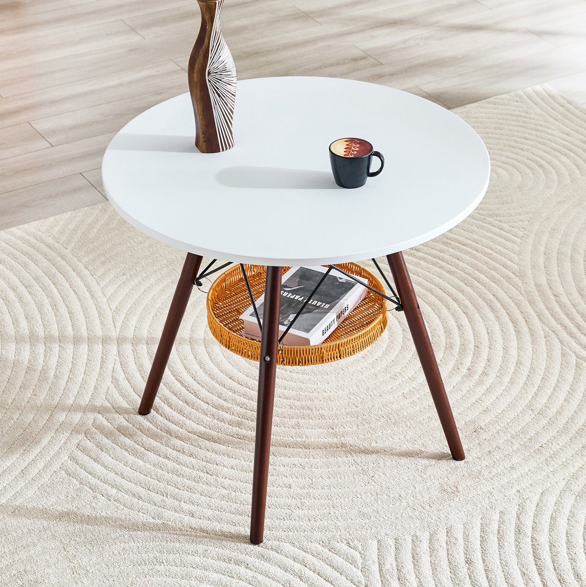 DESMIU Eettafel - Ronde Tafel Met Opbergmand - Voor 2 Tot 4 Personen In Woonkamer Of Balkon - MDF En Massief Hout - 80x80x71,5 Cm - Wit Walnoot