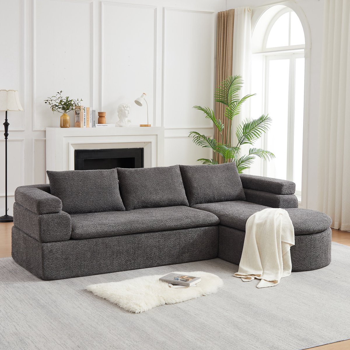 STILVORA Hoekbank - 3-Zits Met Chaiselongue - Moderne Bank Met Stappenarmleuning - Voor Woonkamer En Kantoor - Chenille Antraciet