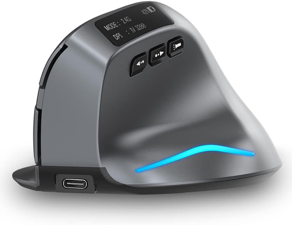 zelotes Draadloze Muis Oplaadbaar,Bluetooth Muis met Led-Scherm,2,4 GHz/Bluetooth, 3200 DPI 7 Knoppen Verticale Ergonomische Muis,Muis Draadloos Bluetooth,Wireless Mouse voor Notebook,PC,Zwart