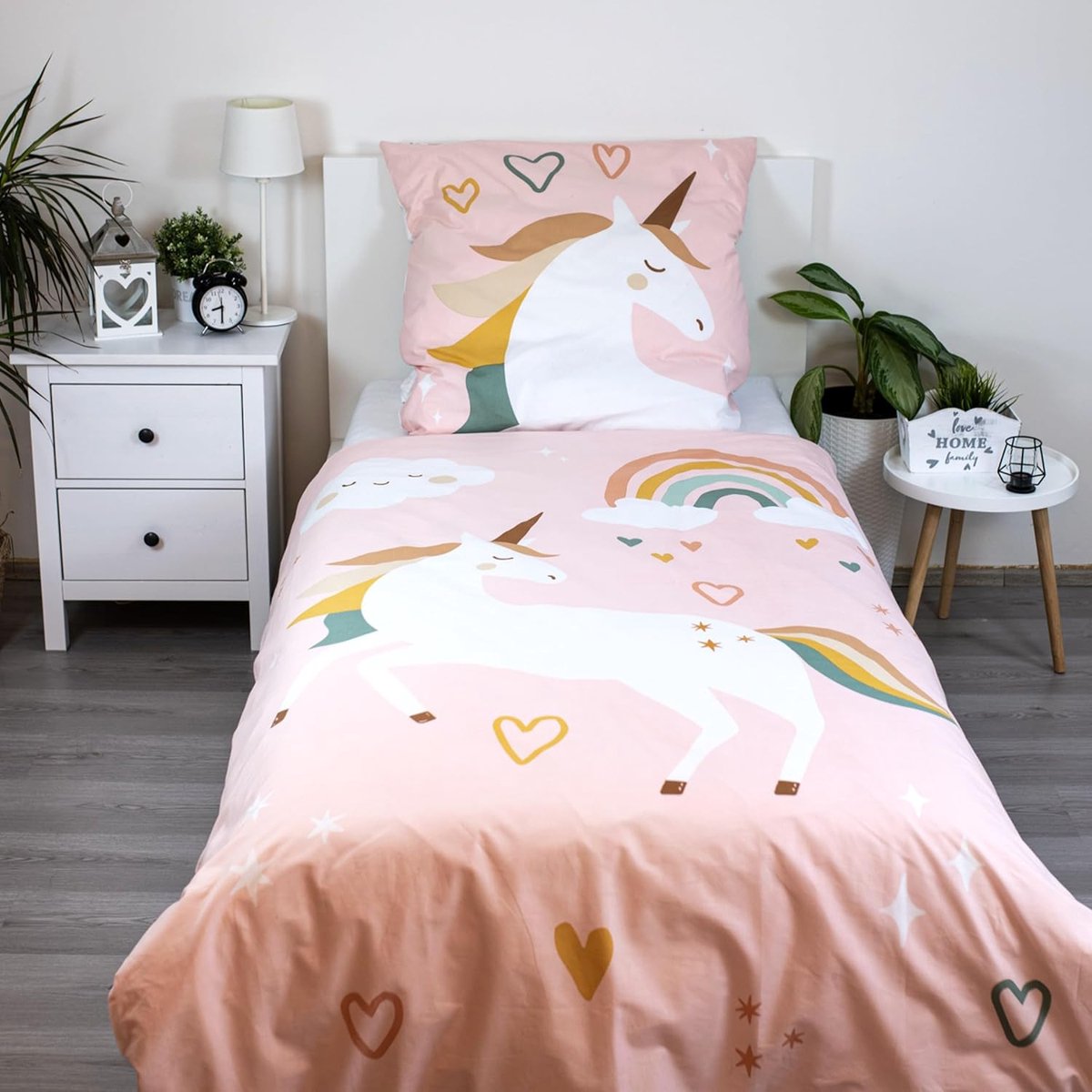 Set 2-delig kinderbeddengoed, dekbedovertrek, omkeerbaar beddengoed, 135 x 200 cm, 80 x 80 cm, katoen, kinderbeddengoed, Öko-Tex-Duitse standaardmaat, roze, eenhoorn, wolken, sterren