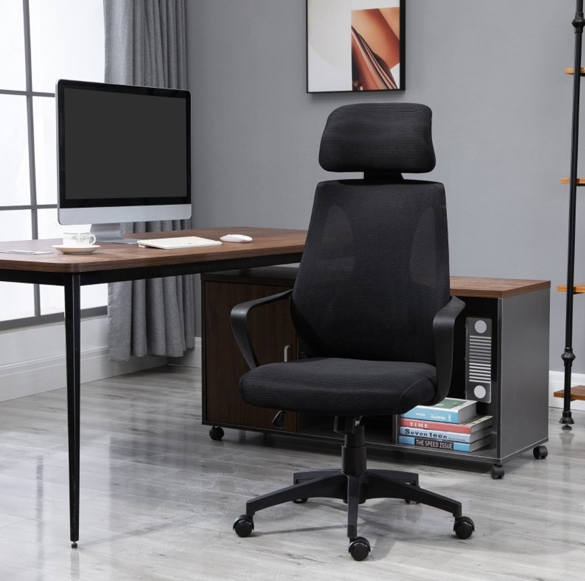 COVREO Bureaustoel 64x55x126 cm zwart, mesh met hoofdsteun en wielen