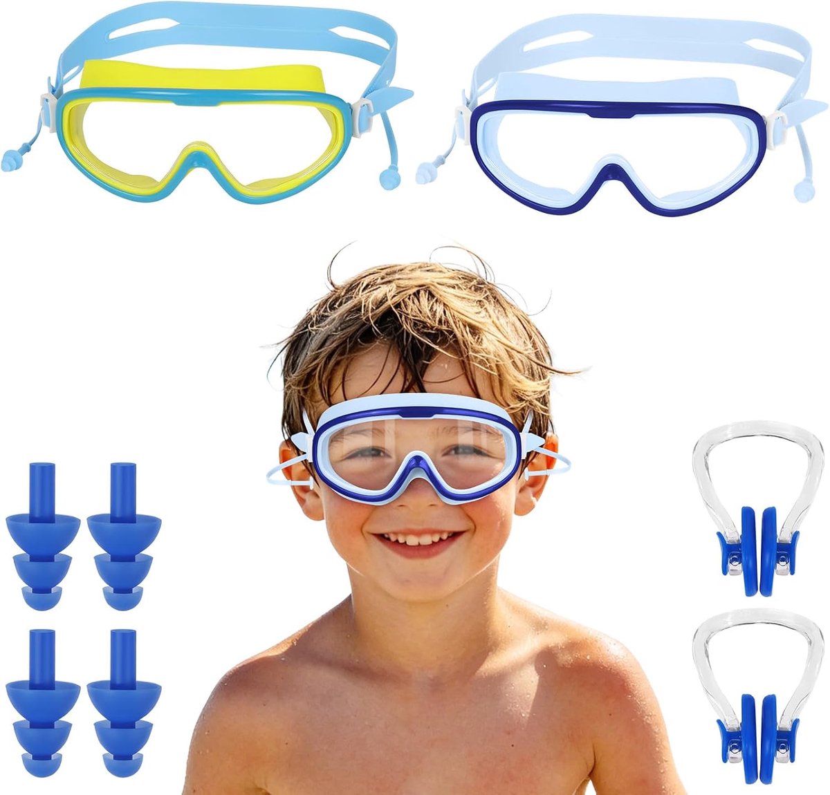 Zwembril voor kinderen, set van 2 met oordopjes en neusclip, anti-condens, heldere lenzen, zachte siliconen afdichting, geen lekkage, anti-condens, uv-bescherming, zwembril, verstelbare riem