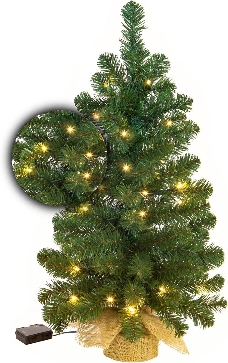 Mini Kerstboom 60 cm met batterij verlichting - Kunstkerstboom kant en klaar met Verlichting - Hoogwaardig PVC - 35 LED Lampjes