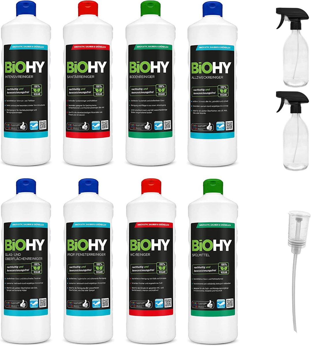 SnelShoppen - BiOHY Schoonmaakmiddel Compleet Set met Dosering en 2x 500ml Glazen Spuitfles (8 x 1L) | Badkamer, Raam en Vloer Reiniger | Krachtig & E