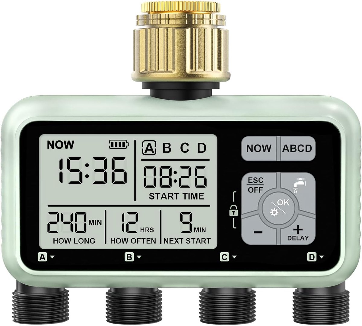 Irrigatiecomputer, 4 uitgangen met messing inlaat, digitale irrigatieklok met regenvertraging, automatische/handmatige irrigatiebesturing, watertimer voor tuin, gazon