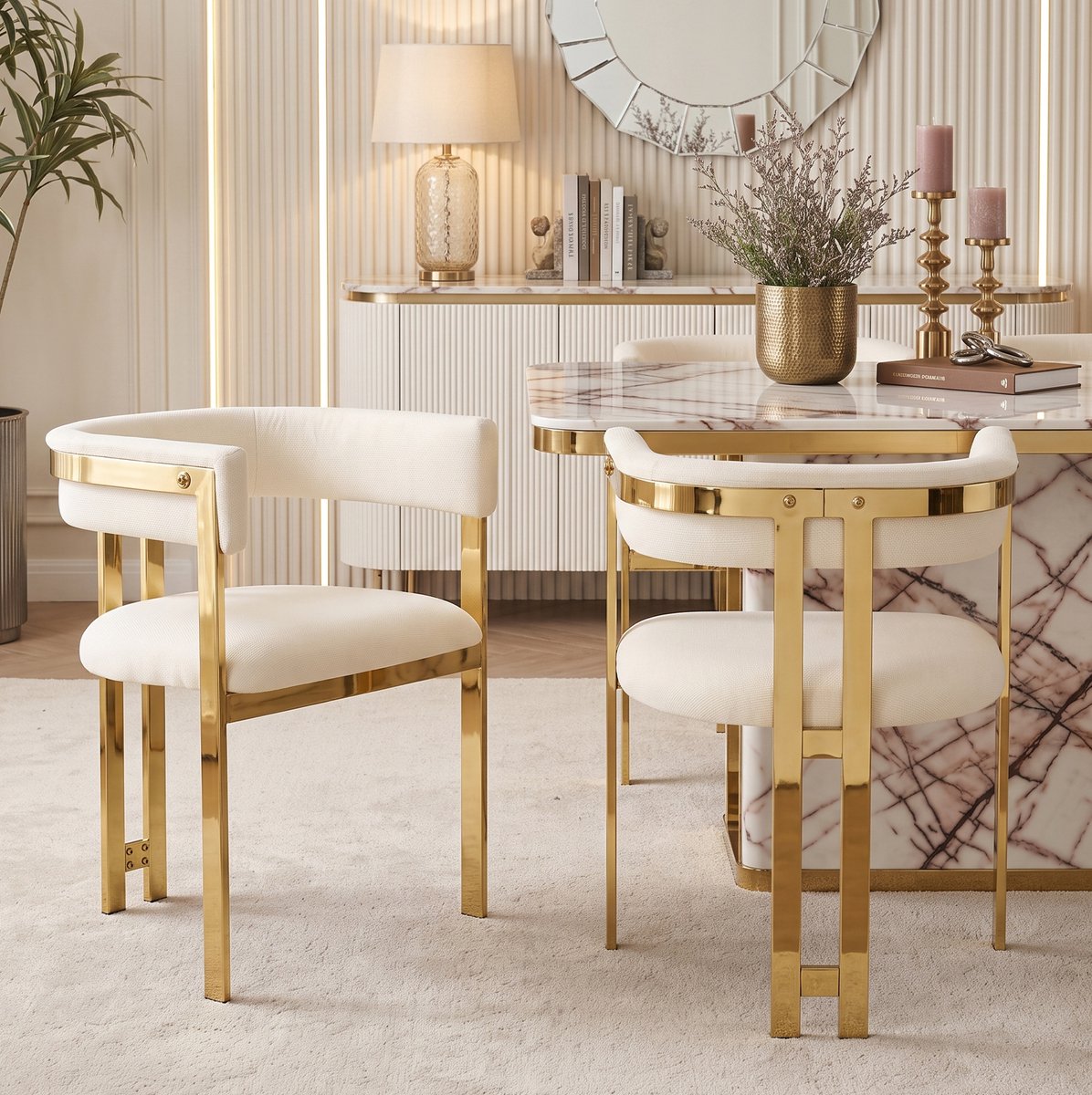 MIVRAY Eetkamerstoel Set van 2 - Kuipstoel Met Armleuningen En Half Ronde Rugleuning - Voor Eetkamer Woonkamer En Café - Chenille - Beige Goud