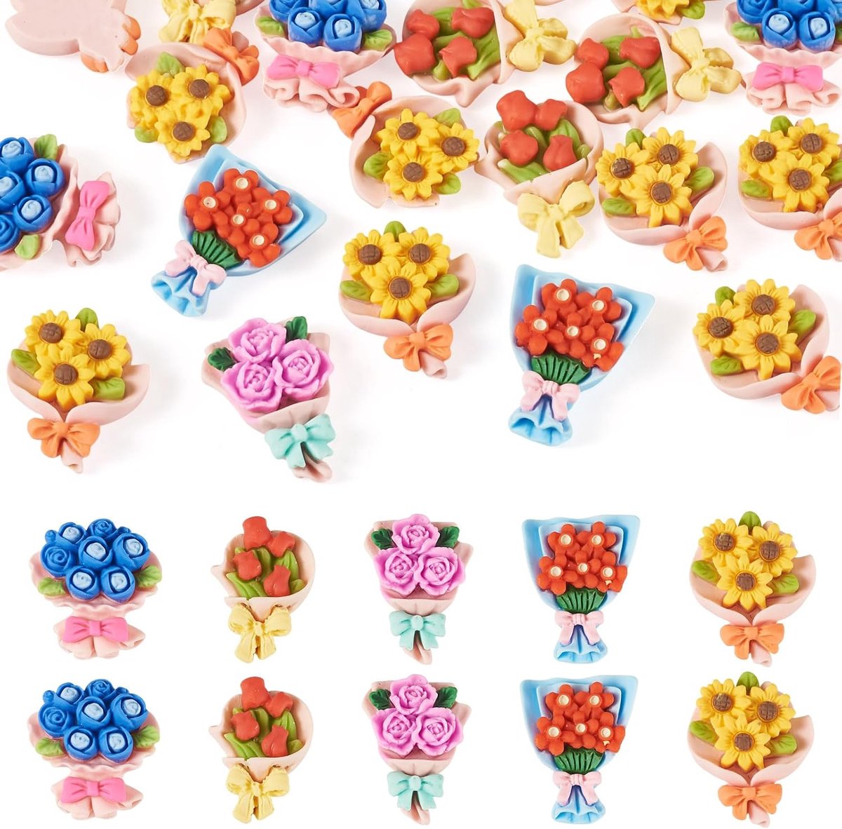 20Pcs Bloem Boeket Hars Cabochon Kleurrijke Platte Terug Bloemen Ondoorzichtige Hars Cabochons Voor Diy Telefoon Case Haar Clip Bril Fotolijst Decor