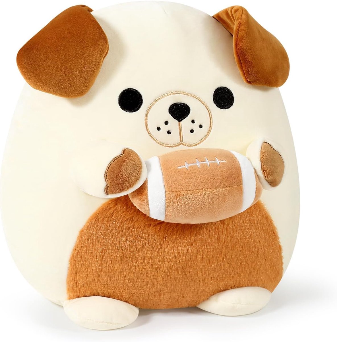 shownicer Pluche dieren, cartoon, hond, rugby, zacht pluche kussen, 30 cm, schattig knuffeldieren, cadeau voor kinderen en volwassenen, wit bruin (hond en rugby, 30 cm)