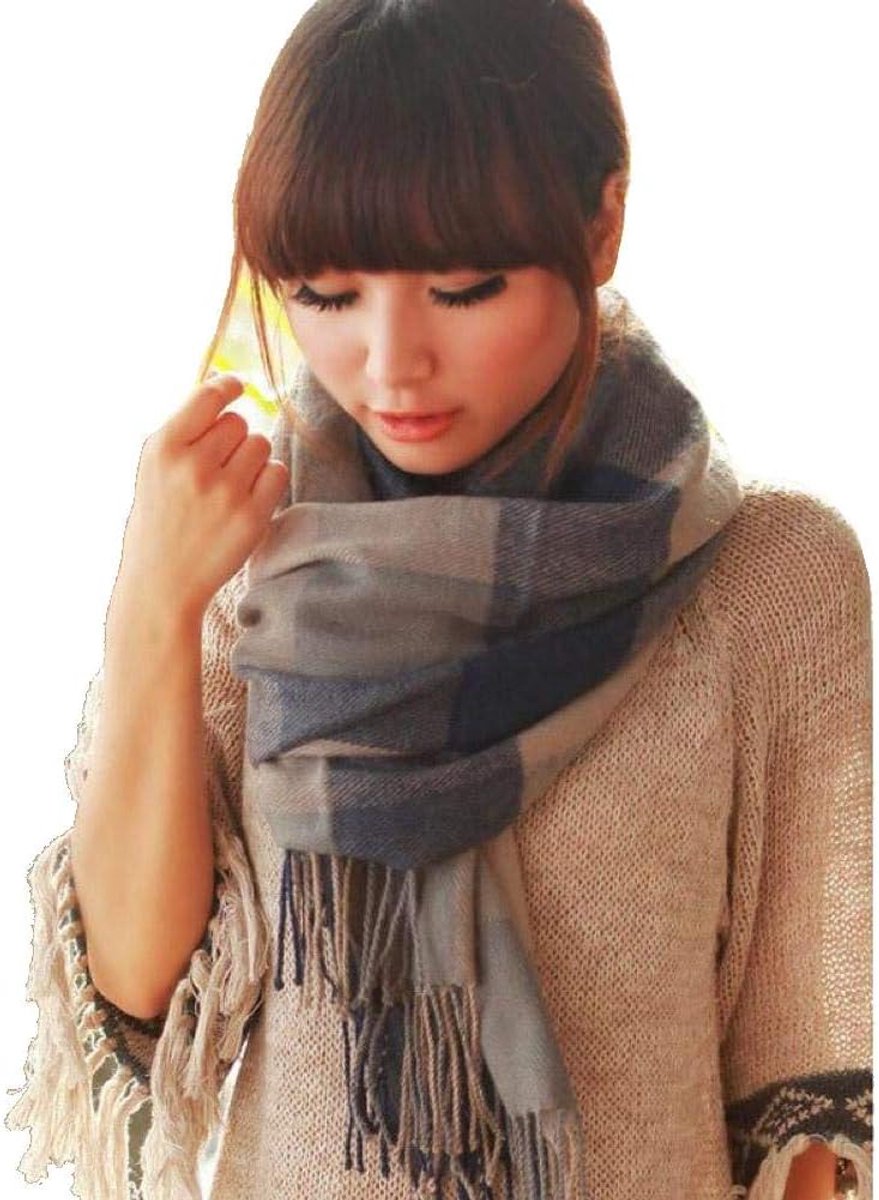 Damesmode lange sjaal groot rooster winter warme lattice grote sjaal, blauw, 79L*23W Inches